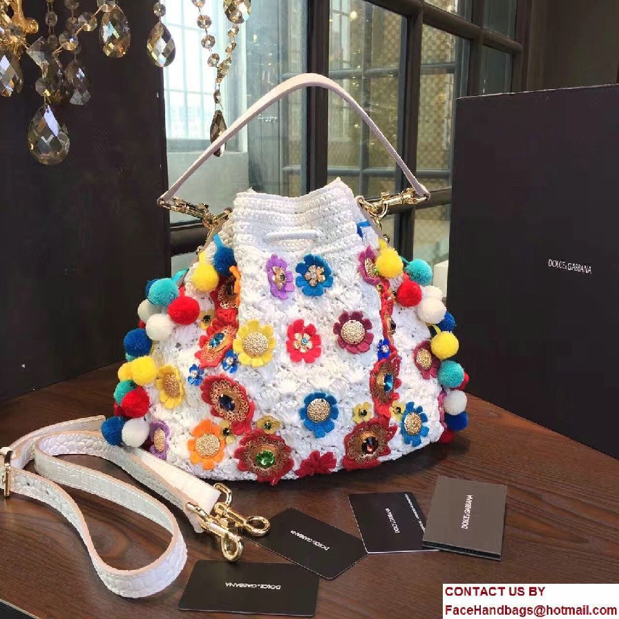 Dolce  &  Gabbana Claudia Pompoms Woven Raffia Bucket Bag White/Multicolor 2017